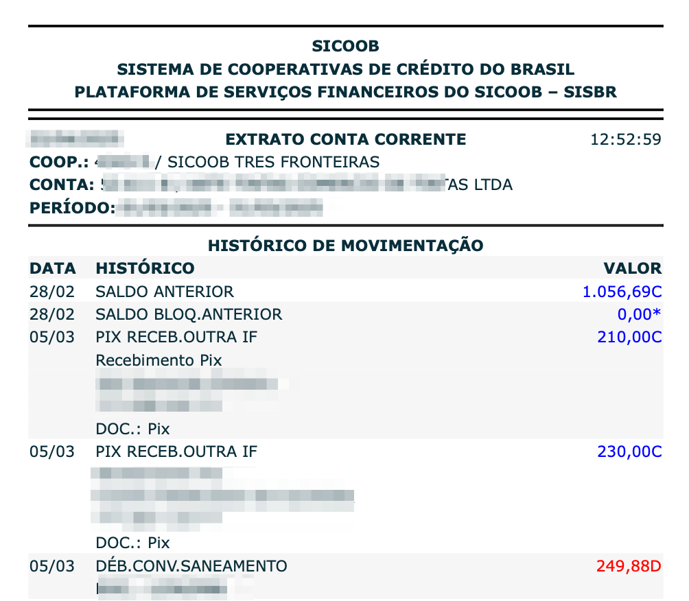 Exemplo de extrato Sicoob